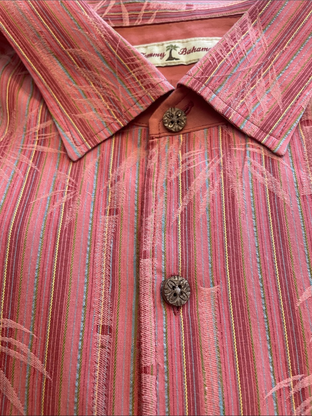 Tommy Bahama Camp Shirt Palm Tropical Print Coral and Teal Silk Cotton Blend XXL